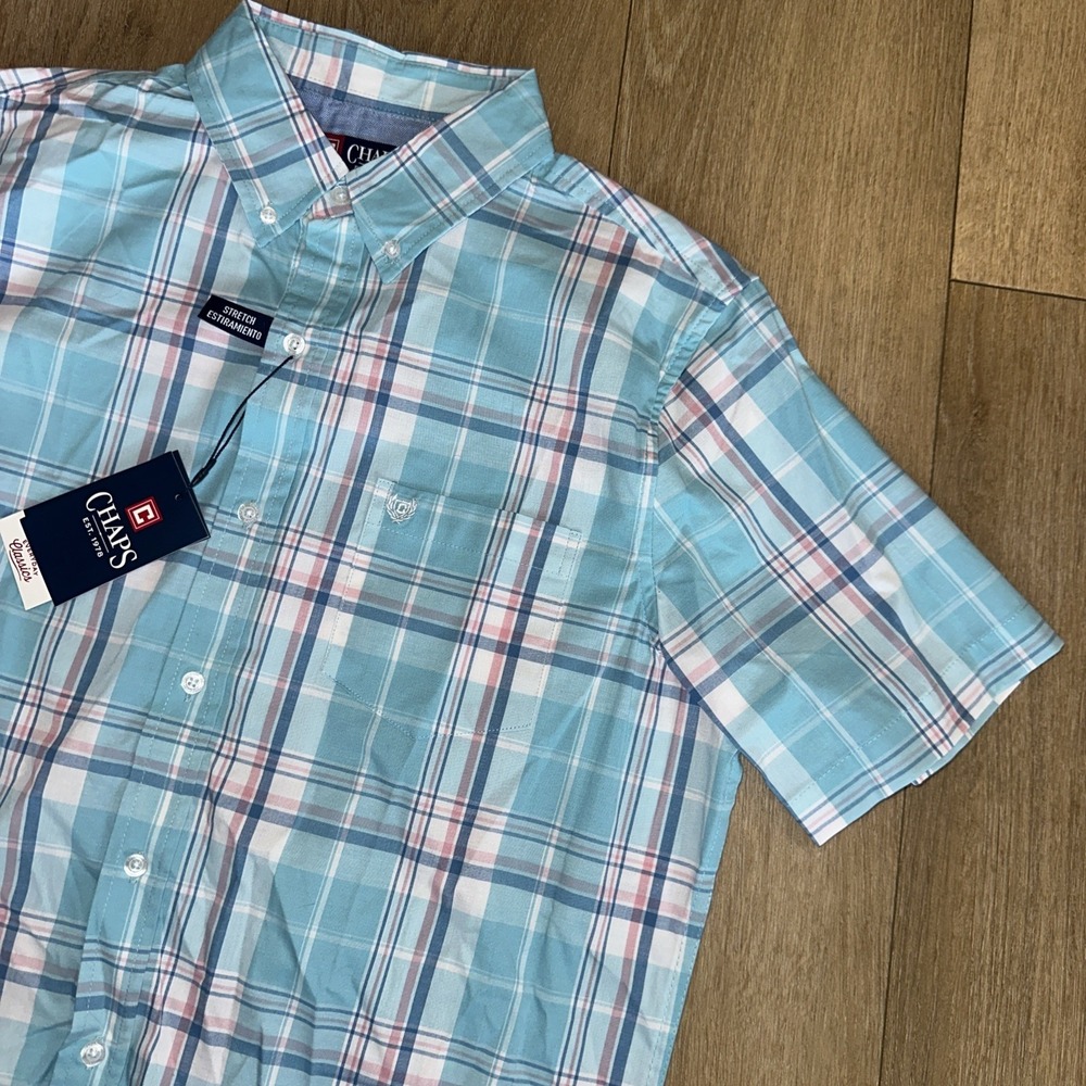Chaps Men's Everyday Classic S/S Button‎ Down Plaid Shirt Pastel Stretch Med NWT